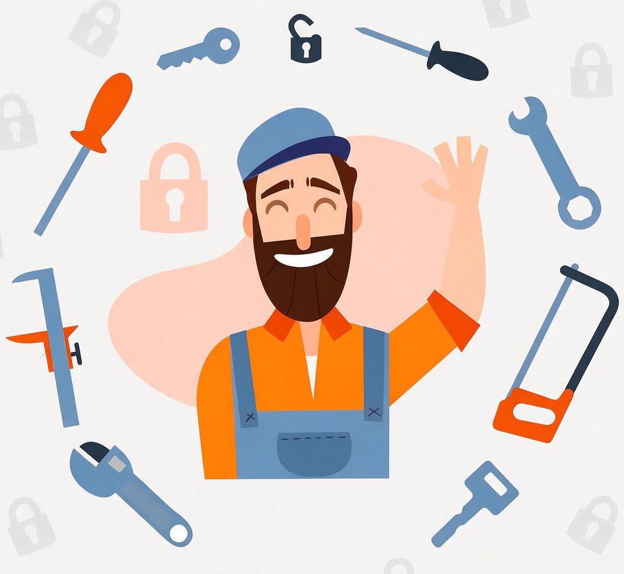 Schlüsseldienst-Techniker in Arbeitskleidung, umgeben von Werkzeug und Schlosssymbolen